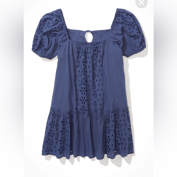 AE American Eagle Blue Eyelet Puff-Sleeve Swing Mini Dress Large Pockets Lined - Picture 4 of 9